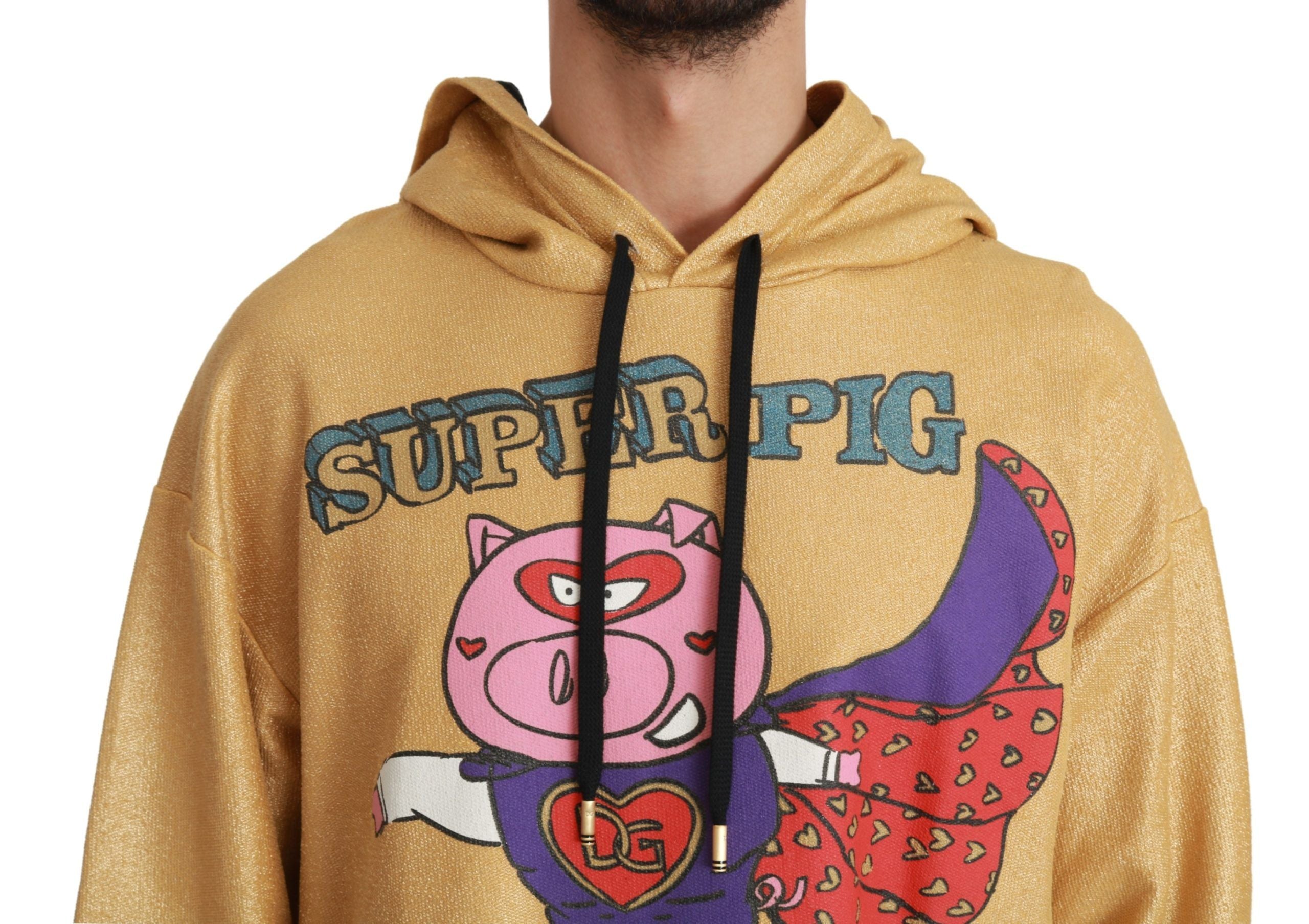 Gold Pig of the Year hooded sweater by Dolce & Gabbana with a gold pig graphic on the front, soft fabric, and a cozy hood.