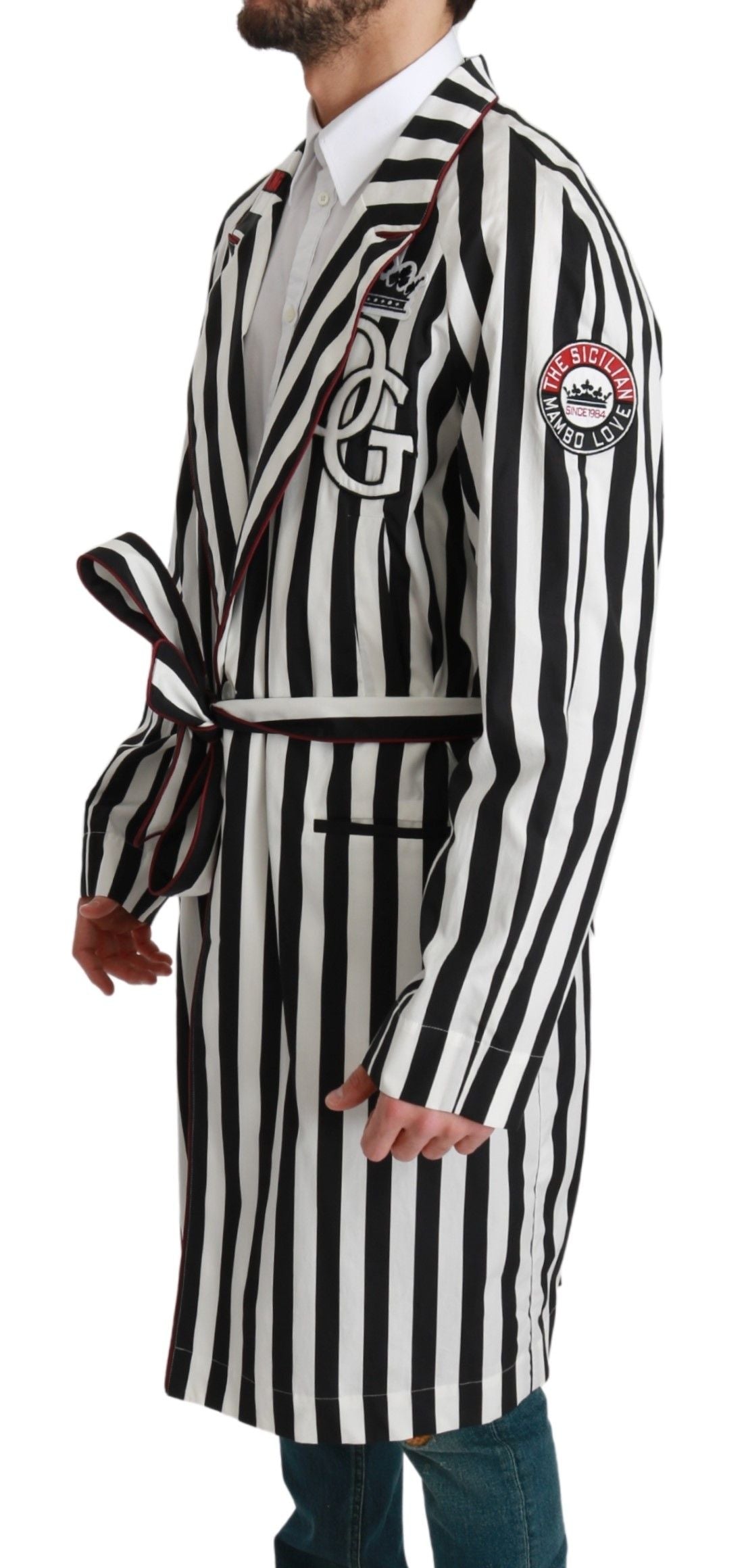 Black nightgown and white cotton robe set by Dolce & Gabbana, featuring elegant sleepwear with soft fabric and classic design.