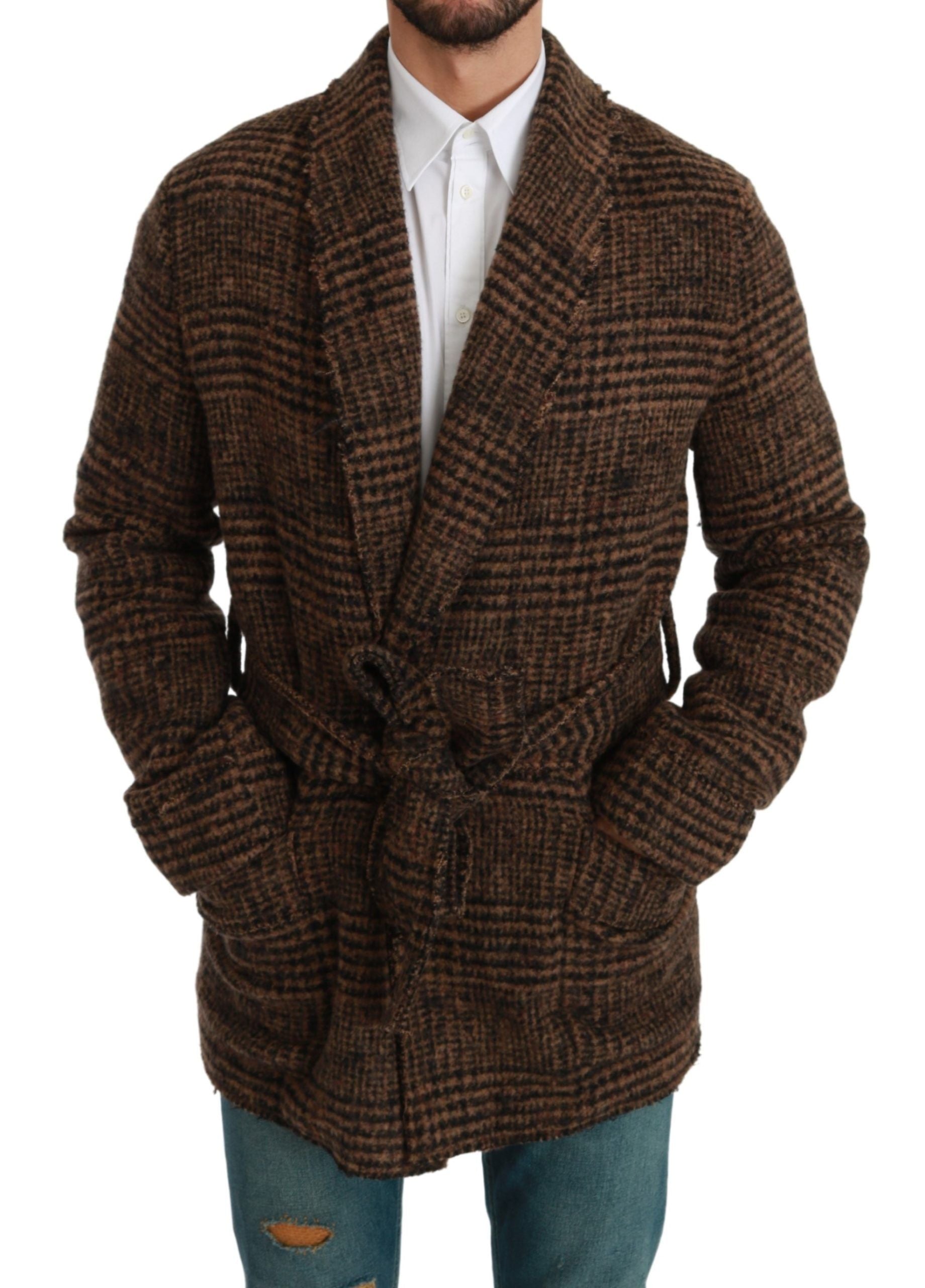 Dolce & Gabbana brown checkered wool robe coat with wrap design, stylish and warm for elegant winter wear.