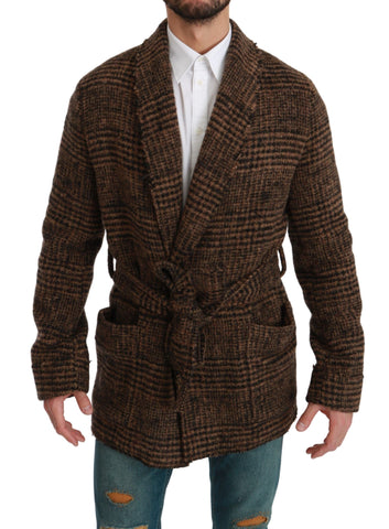 Brown checkered wool robe coat by Dolce & Gabbana, featuring a wrap jacket with classic pattern and cozy fabric.