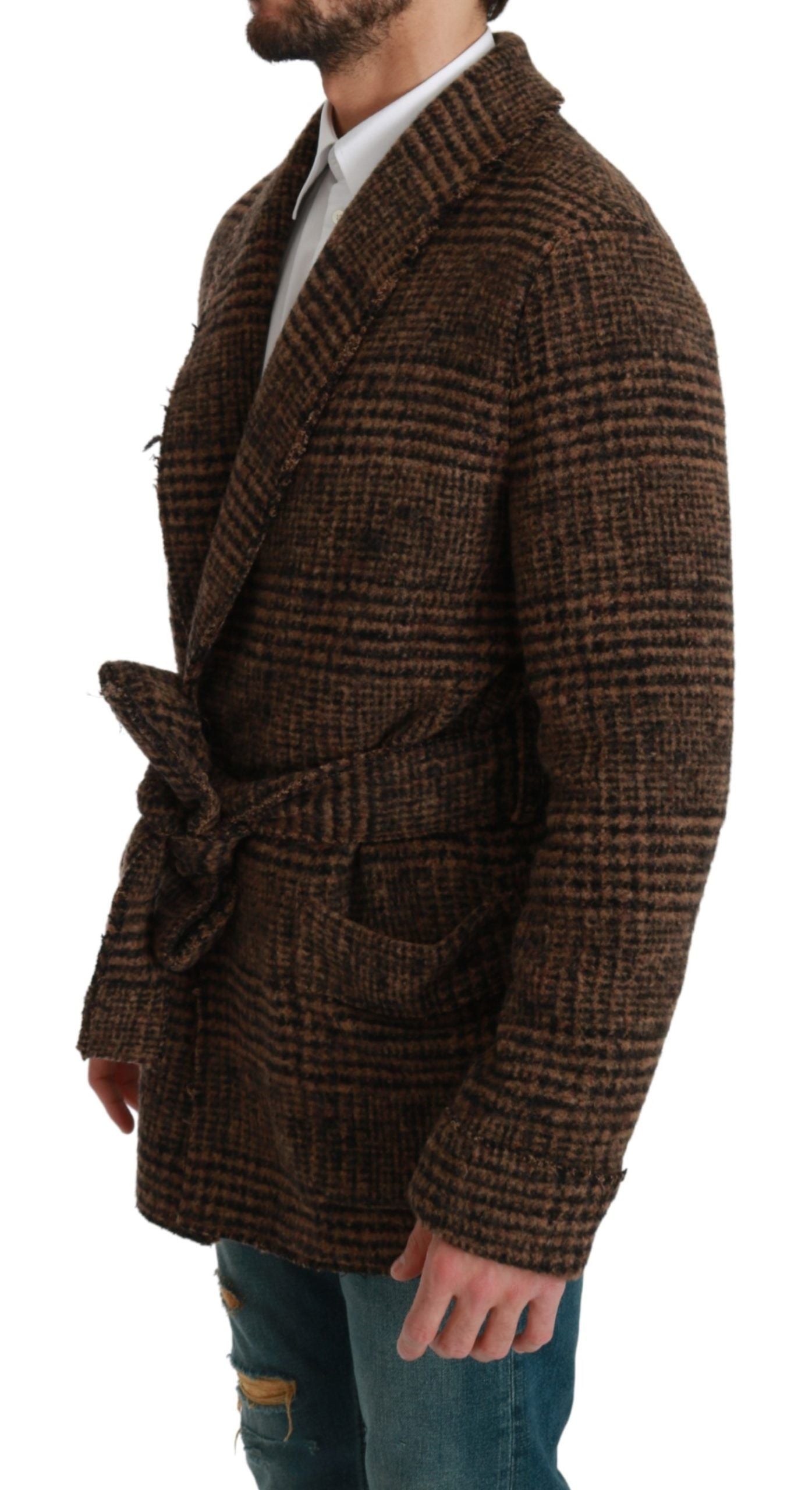 Brown checkered wool robe coat by Dolce & Gabbana, featuring a wrap design and classic pattern, displayed on a hanger.