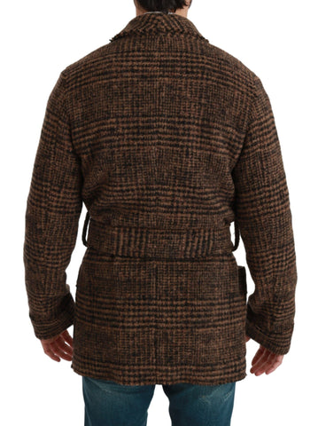 Brown checkered wool robe coat with wrap design by Dolce & Gabbana, featuring a classic and cozy outerwear style.