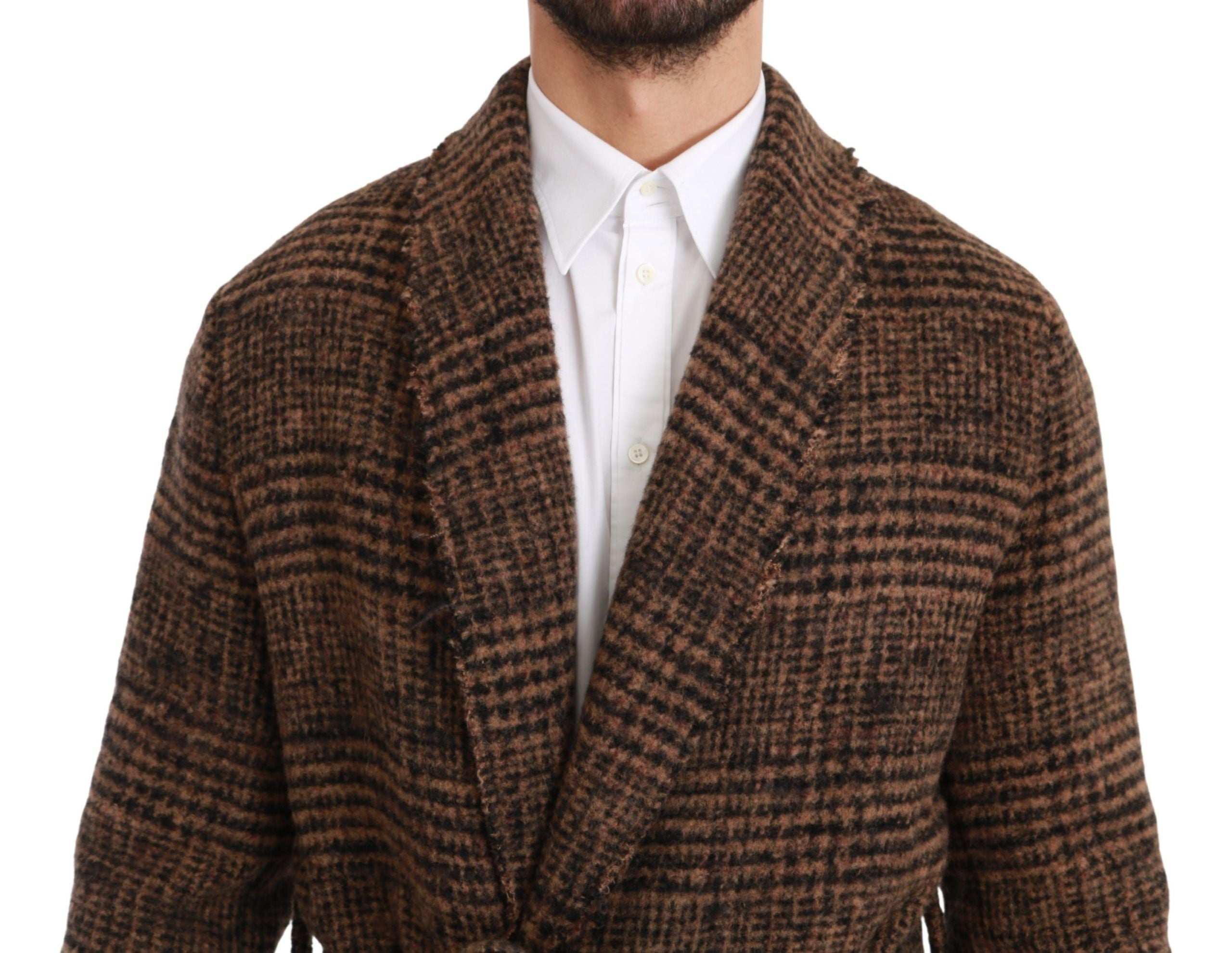 Brown checkered wool robe coat with wrap design by Dolce & Gabbana, featuring a classic tailored look and cozy fabric.