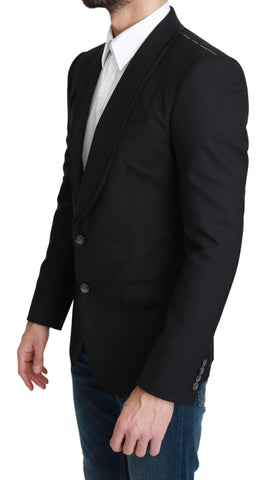 Black Dolce & Gabbana single-breasted formal wool blazer with notch lapels and tailored fit for sophisticated office or event wear.