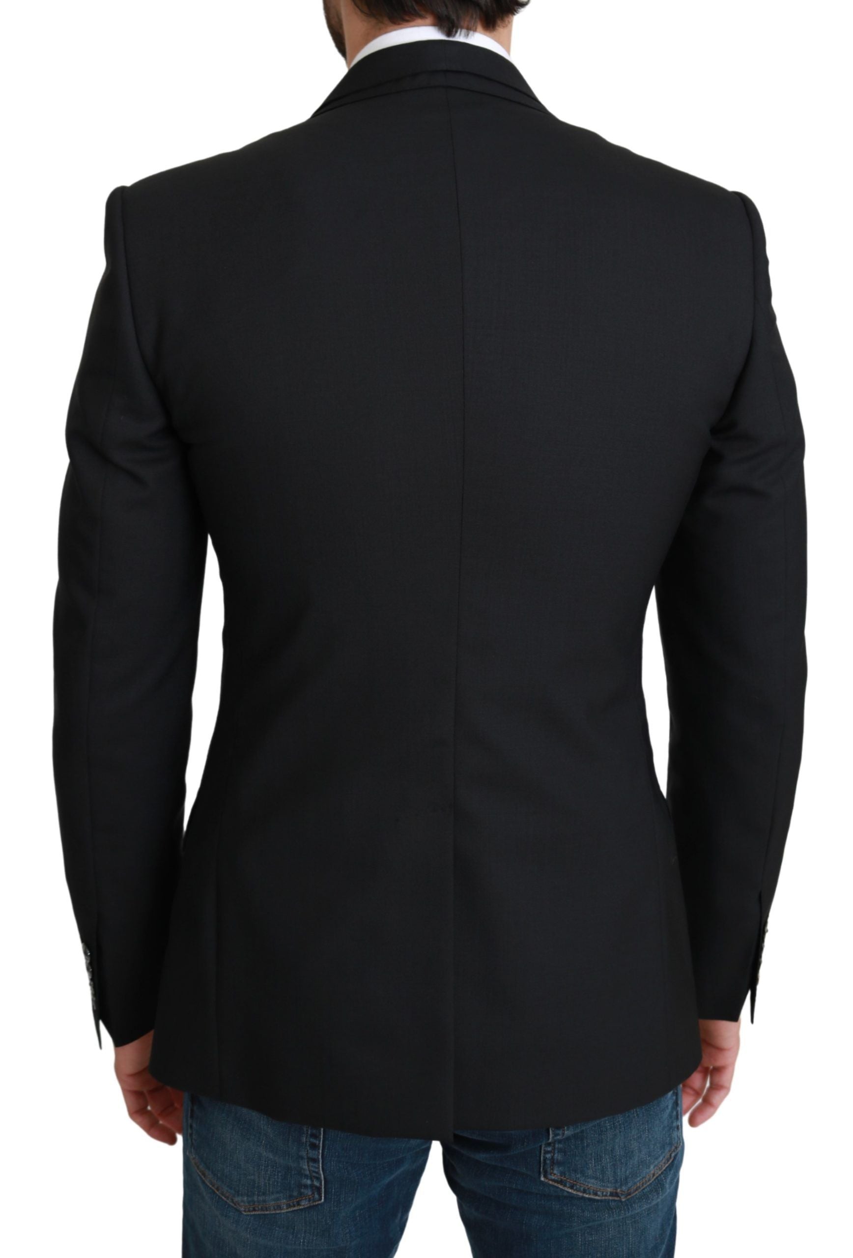 Black single-breasted formal wool blazer by Dolce & Gabbana, tailored fit with notch lapel and sleek design.