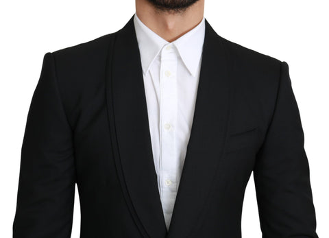 Black Dolce & Gabbana single-breasted formal wool blazer with notch lapels and structured fit, displayed on a hanger.