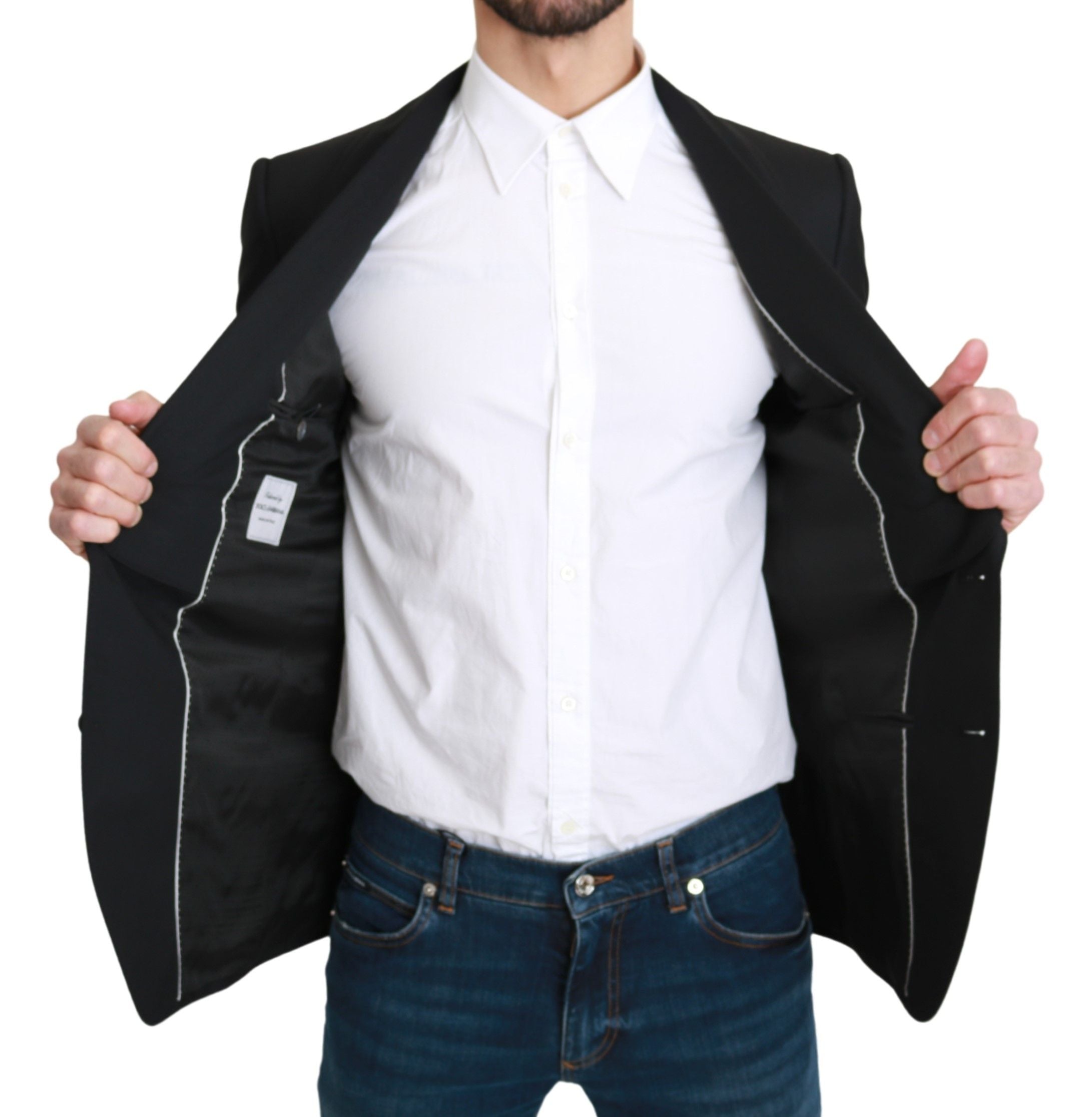 Black single-breasted formal wool blazer by Dolce & Gabbana, tailored fit with notch lapels and structured design.
