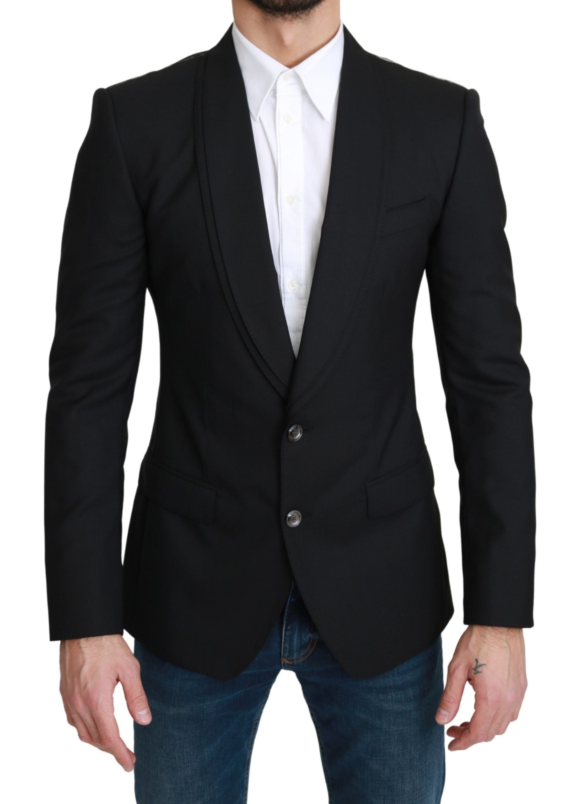 Black single-breasted formal wool blazer by Dolce & Gabbana, tailored fit with notch lapel and button closure.