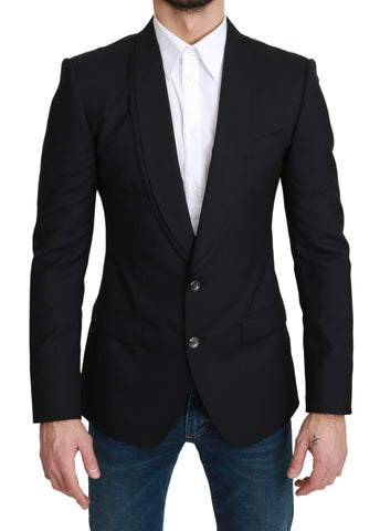 Black single-breasted formal wool blazer by Dolce & Gabbana, tailored fit with notch lapel and button closure.