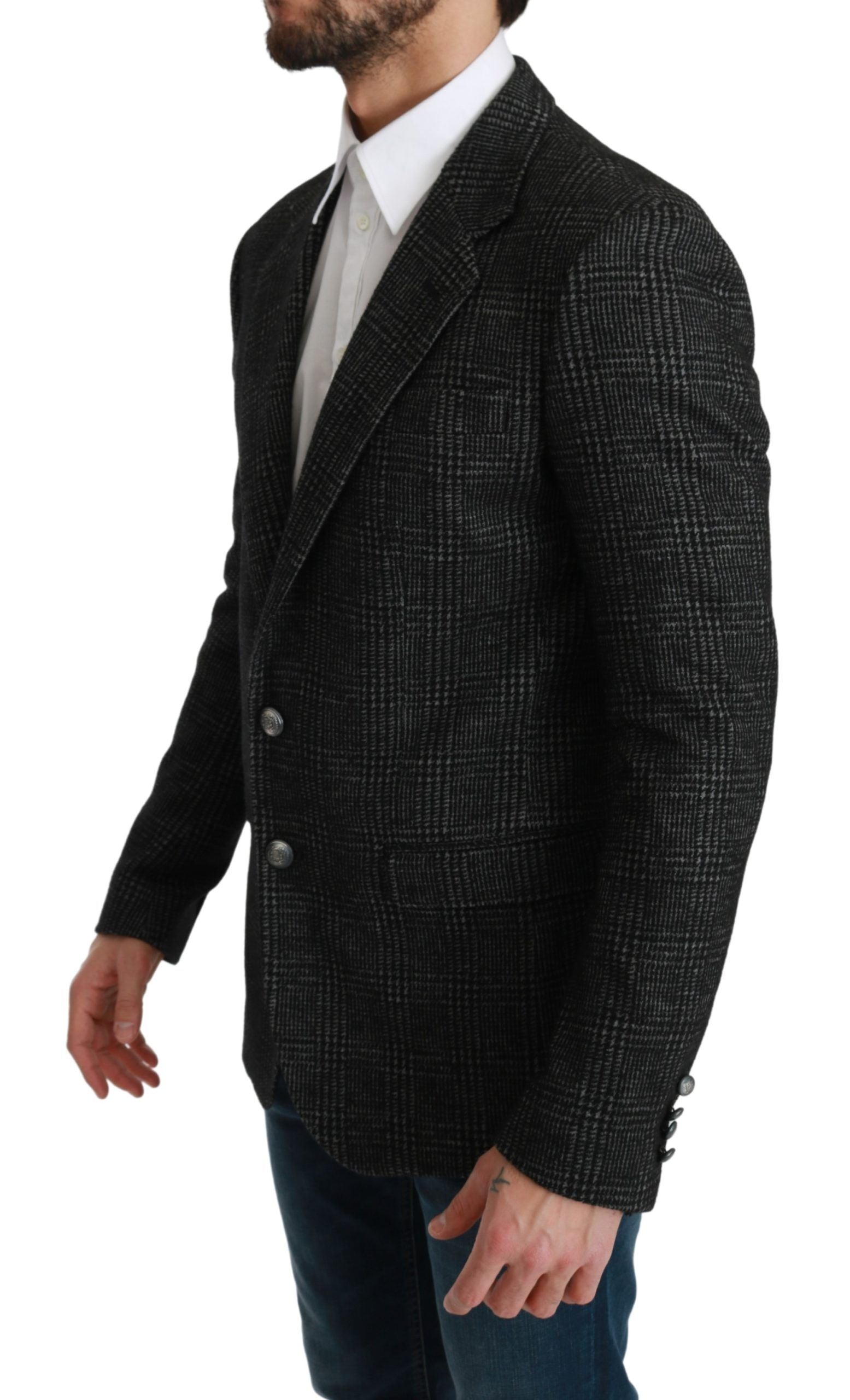 Gray plaid check slim fit blazer jacket by Dolce & Gabbana, tailored with a classic lapel and button closure.