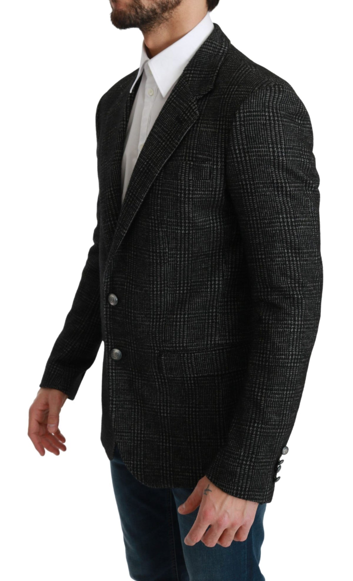 Gray plaid check slim fit blazer jacket by Dolce & Gabbana, tailored with a classic lapel and button closure.