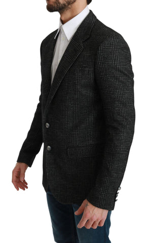 Gray plaid check slim fit blazer jacket by Dolce & Gabbana, tailored with a classic lapel and button closure.