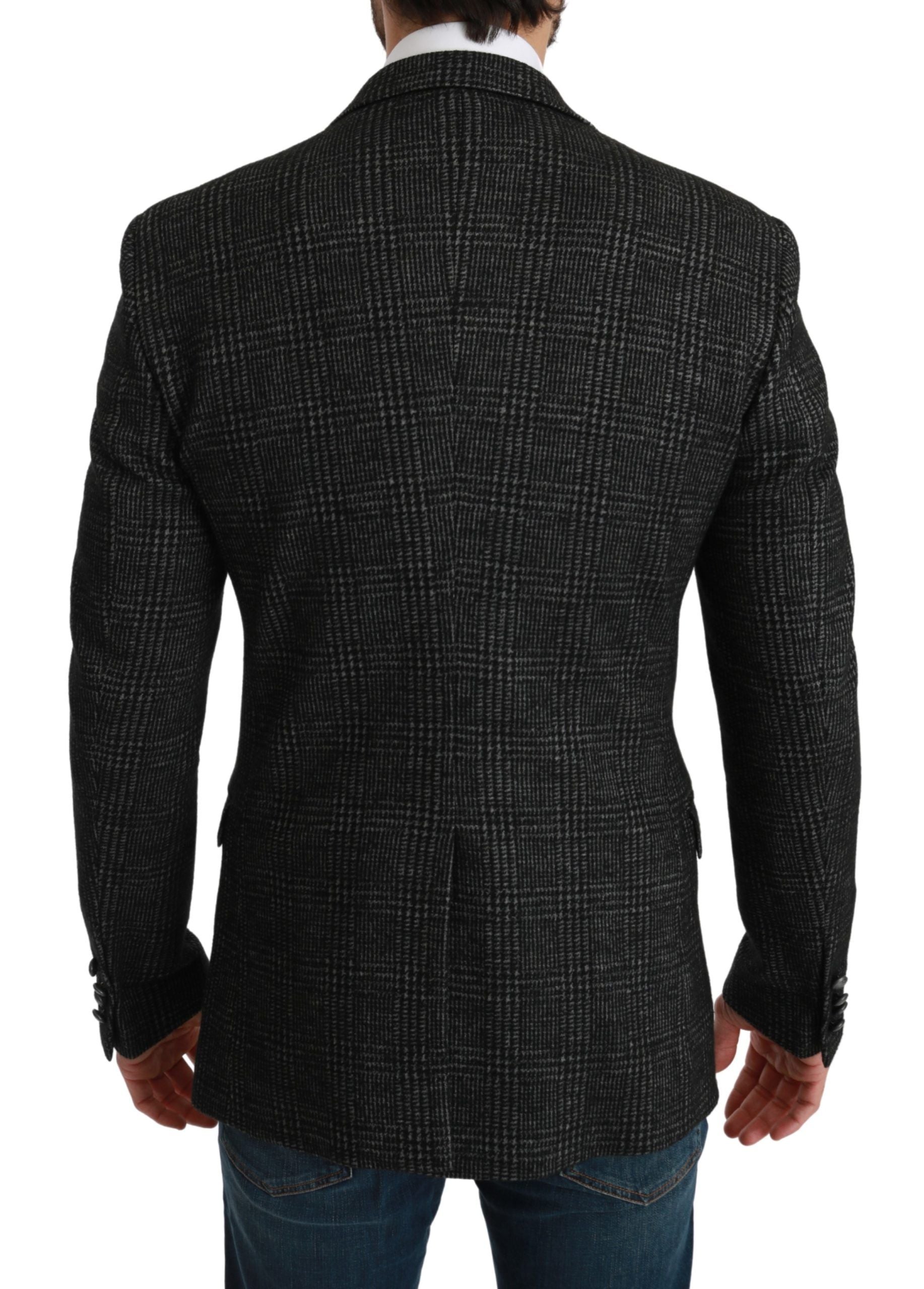 Gray plaid check slim fit jacket blazer by Dolce & Gabbana, tailored with a stylish checkered pattern and classic lapel collar.