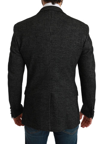 Gray plaid check slim fit jacket blazer by Dolce & Gabbana, tailored with a stylish checkered pattern and classic lapel collar.