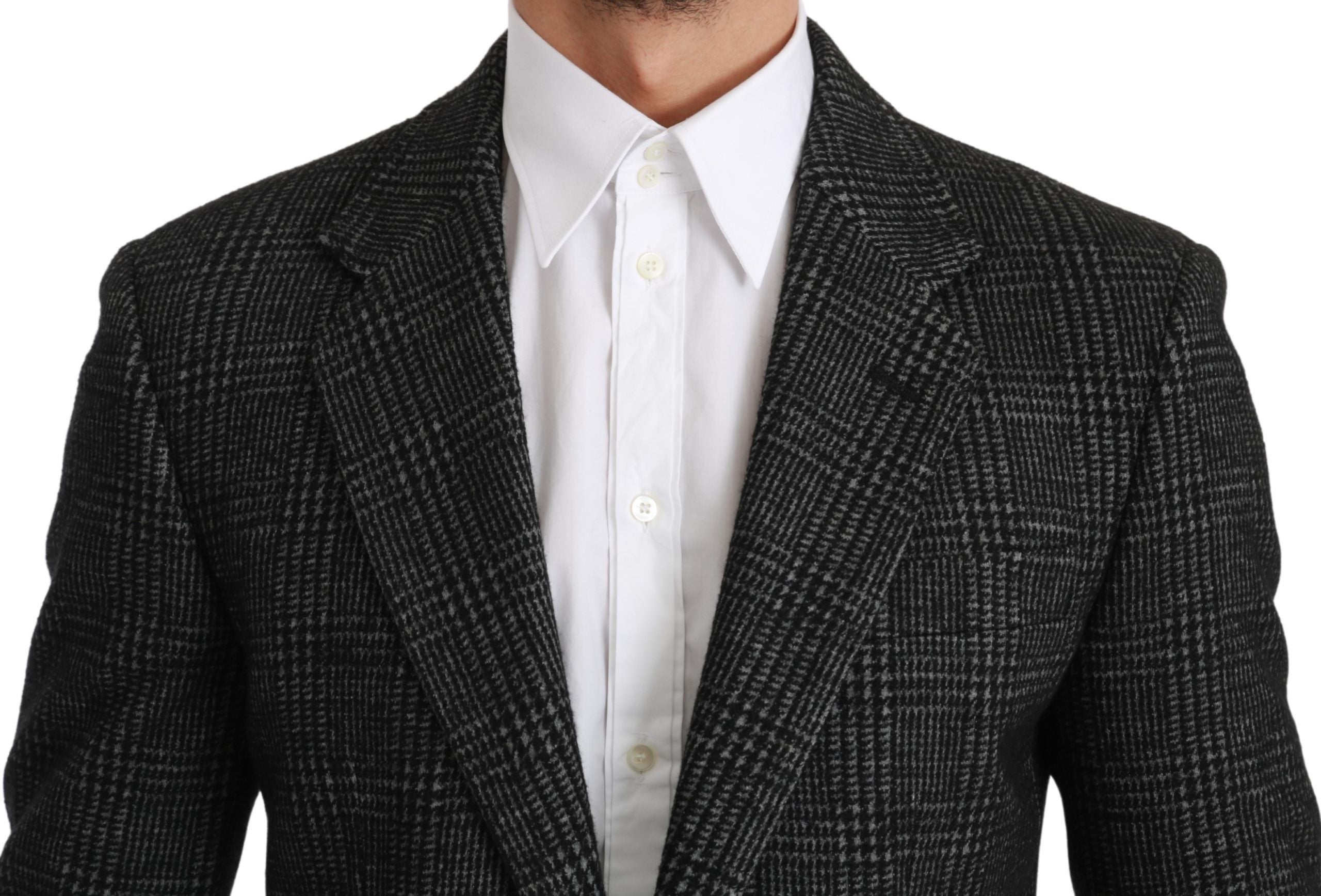 Gray plaid check slim fit blazer jacket by Dolce & Gabbana, tailored with a classic design and structured lapels.