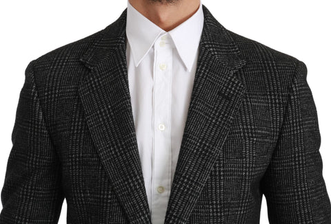 Gray plaid check slim fit blazer jacket by Dolce & Gabbana, tailored with a classic design and structured lapels.