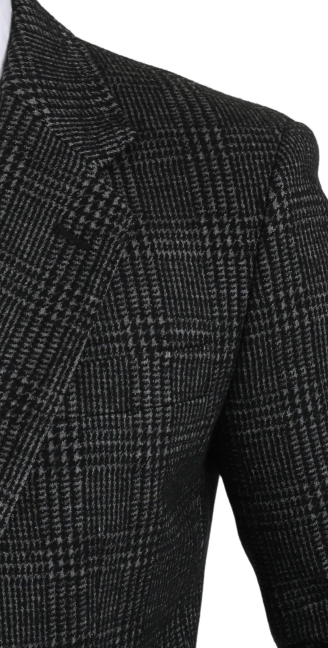 Gray plaid check slim fit blazer jacket by Dolce & Gabbana, tailored with classic pattern and structured design.