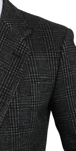 Gray plaid check slim fit blazer jacket by Dolce & Gabbana, tailored with classic pattern and structured design.