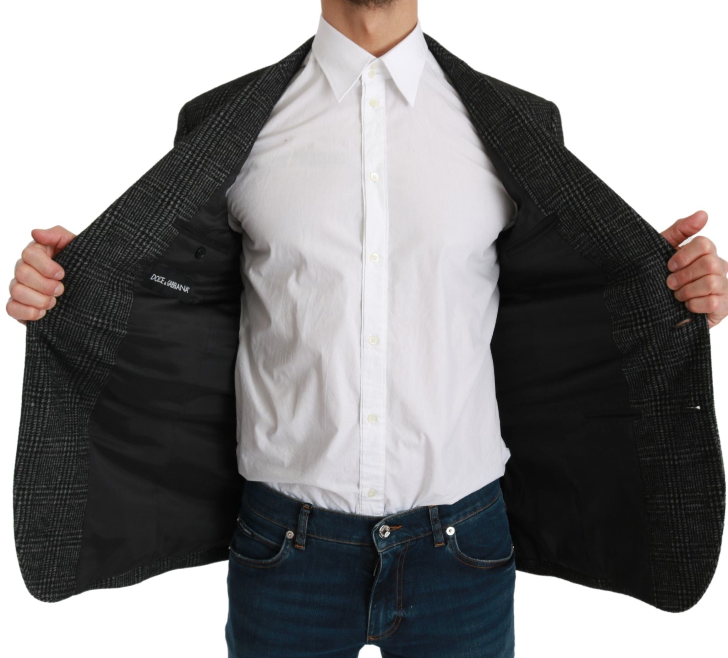 Gray plaid check slim fit blazer jacket by Dolce & Gabbana, shown with tailored lapels and structured design.