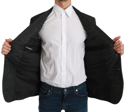 Gray plaid check slim fit blazer jacket by Dolce & Gabbana, shown with tailored lapels and structured design.