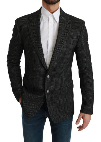 Gray plaid check slim fit blazer jacket by Dolce & Gabbana, featuring tailored design and classic pattern.