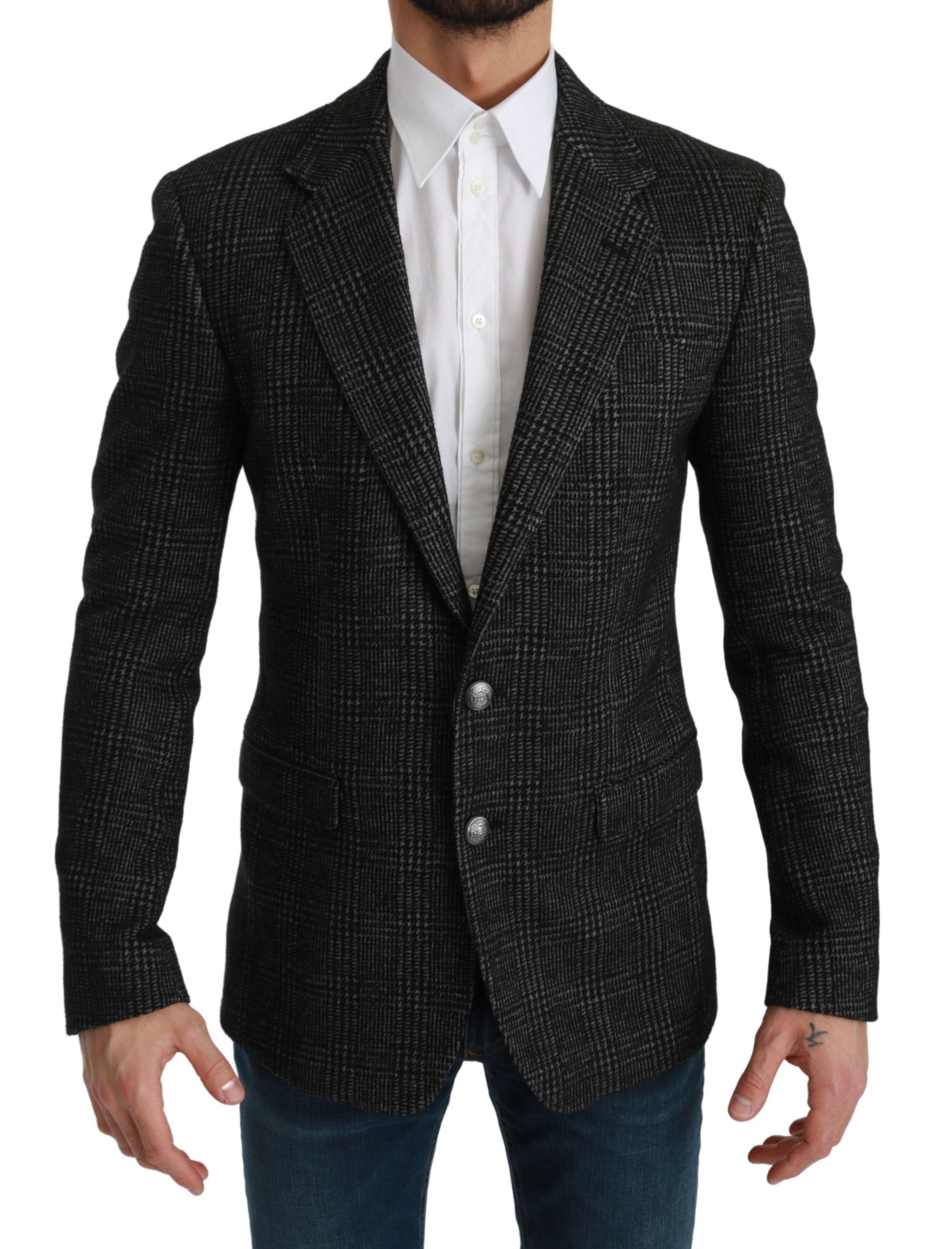 Gray plaid check slim fit jacket blazer by Dolce & Gabbana, tailored fit with classic pattern and structured lapel.