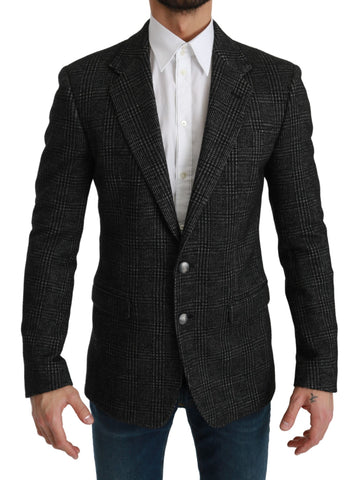Gray plaid check slim fit jacket blazer by Dolce & Gabbana, tailored fit with classic pattern and structured lapel.