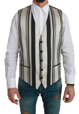 White and black striped waistcoat formal vest by Dolce & Gabbana, featuring tailored fit and sleek design.