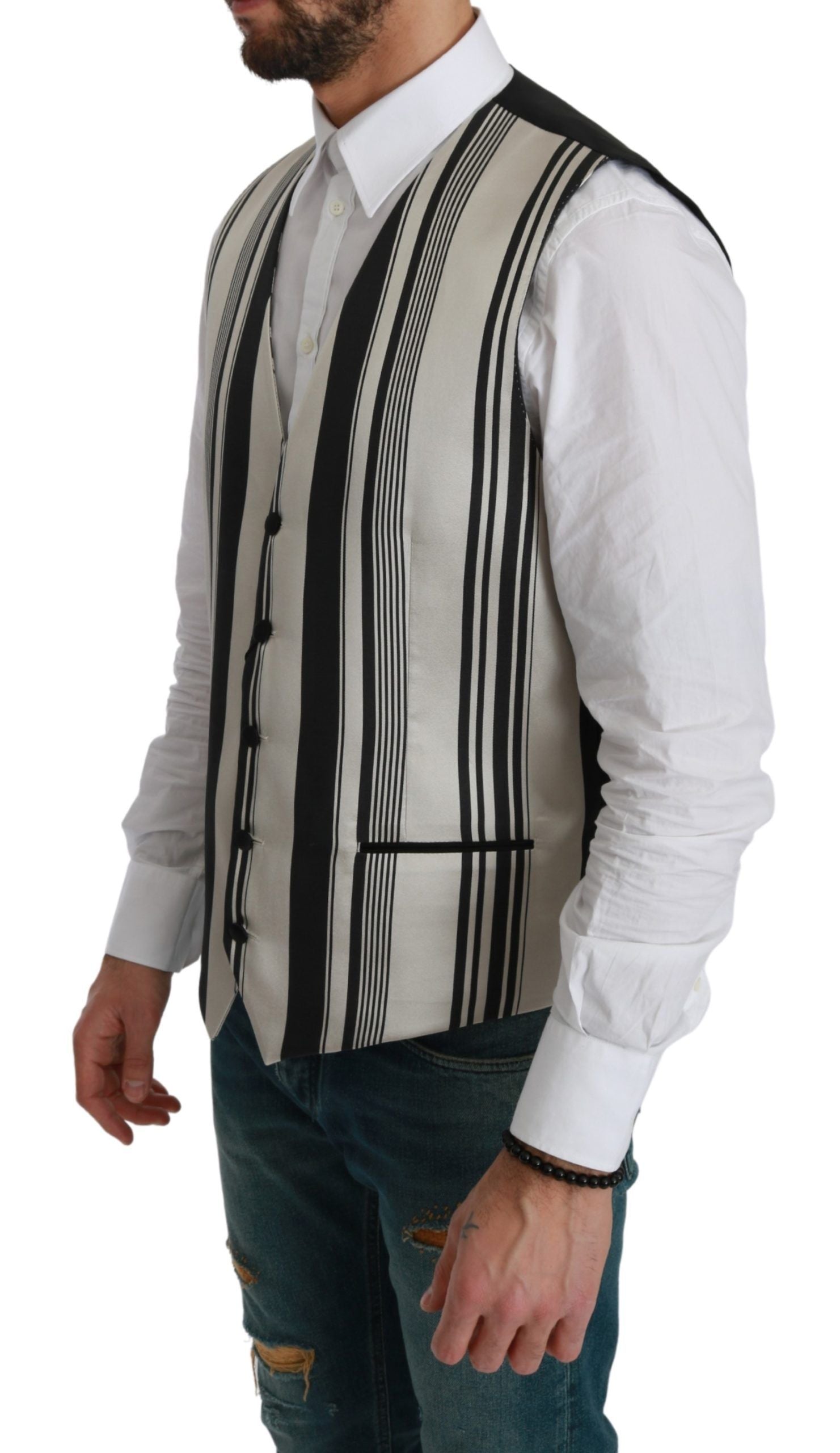 White and black striped waistcoat formal vest by Dolce & Gabbana, featuring a fitted design with classic stripe pattern.
