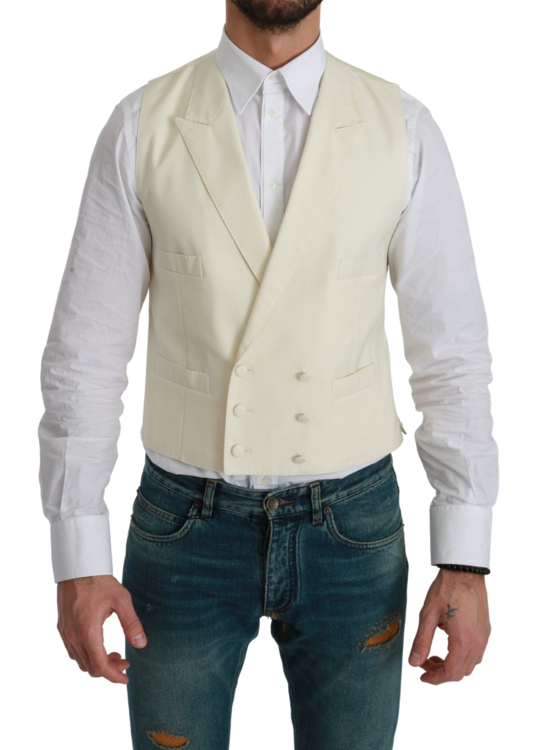 White wool waistcoat vest by Dolce & Gabbana, formal men's sleeveless jacket with tailored fit and button closure.