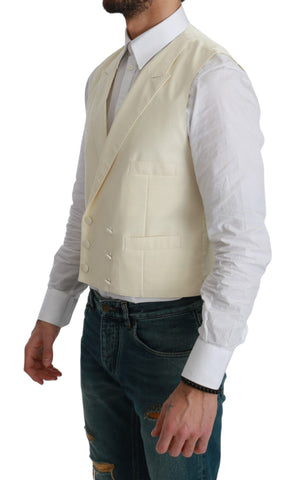White formal wool waistcoat vest by Dolce & Gabbana, shown on a mannequin with close-up details of the fabric and tailoring.