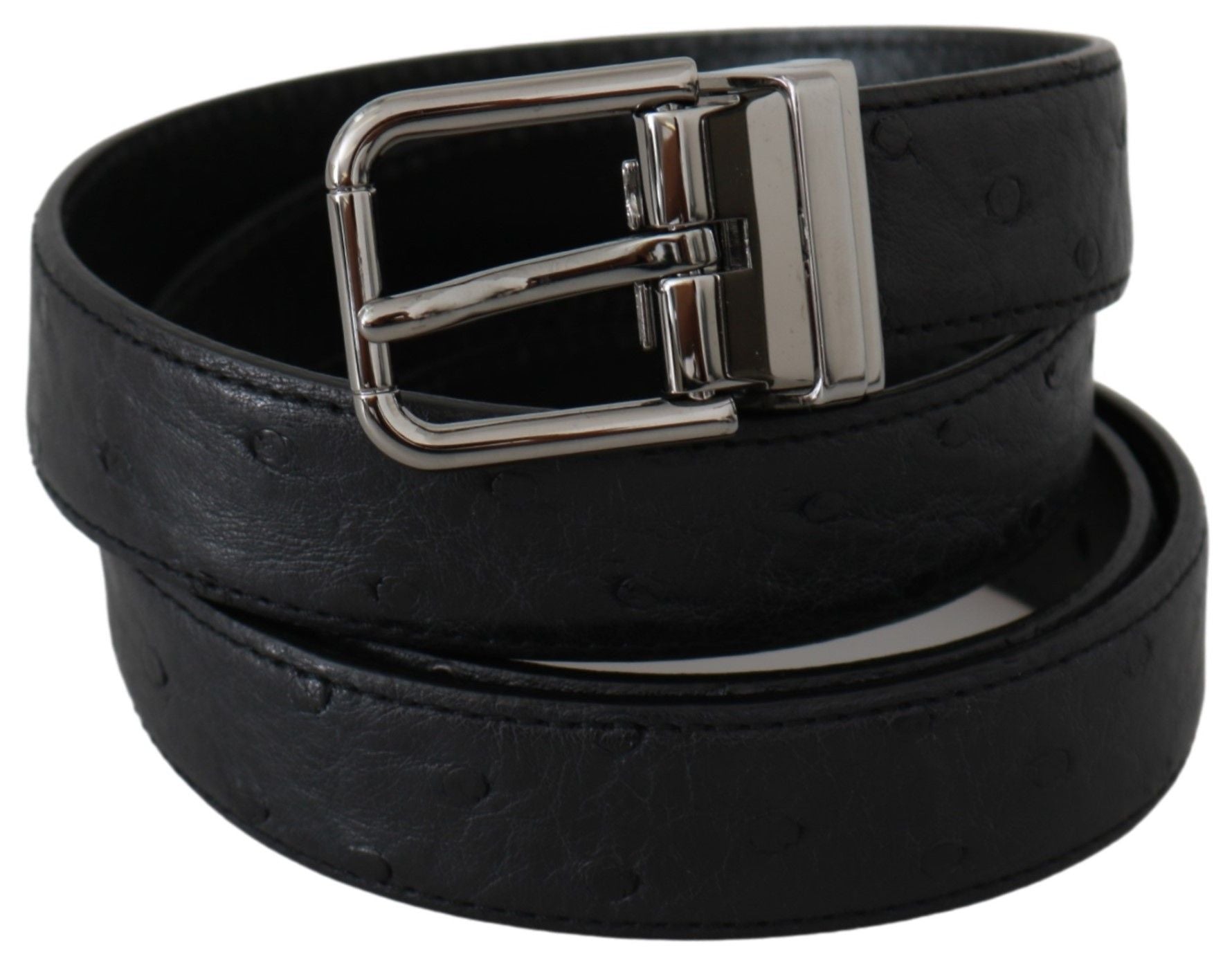 Black exotic skin pattern leather belt with silver buckle from Dolce & Gabbana, showcasing detailed texture and stylish design.