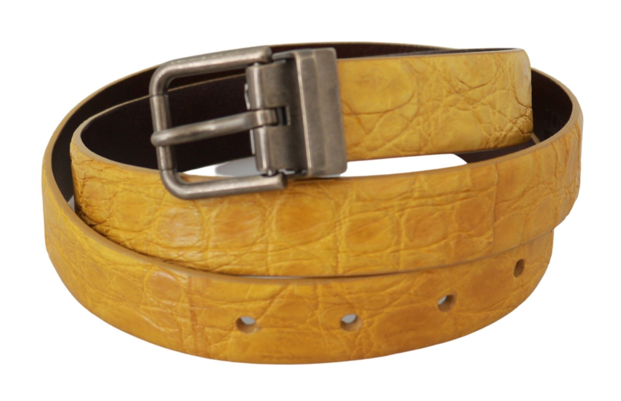 Yellow exotic skin leather belt with grey buckle from Dolce & Gabbana, featuring textured leather and stylish design.
