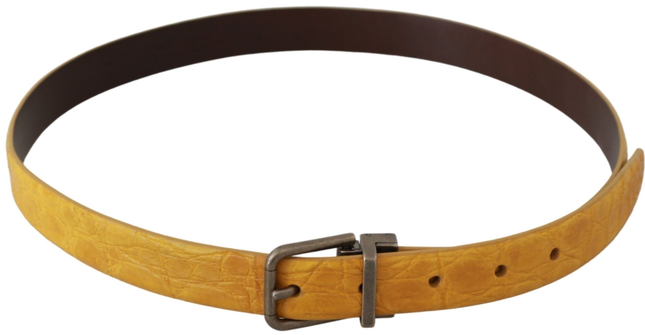 Yellow exotic skin leather belt with grey buckle from Dolce & Gabbana, showcasing textured leather and stylish buckle detail.
