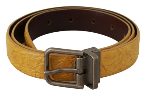 Yellow exotic skin leather belt with grey buckle, designer Dolce & Gabbana men's accessory, shown in close-up detail.