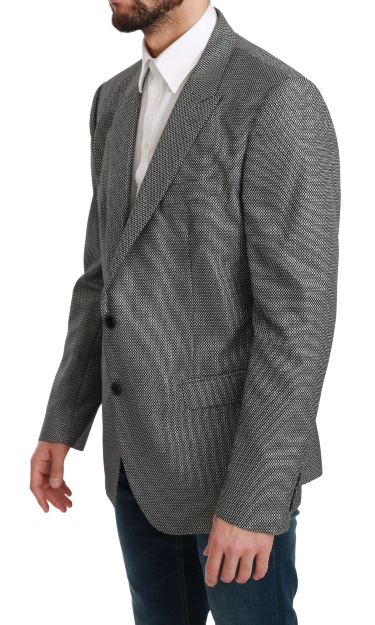 Gray slim fit formal blazer by Dolce & Gabbana, tailored fit with classic lapel and sleek design, ideal for sophisticated occasions.