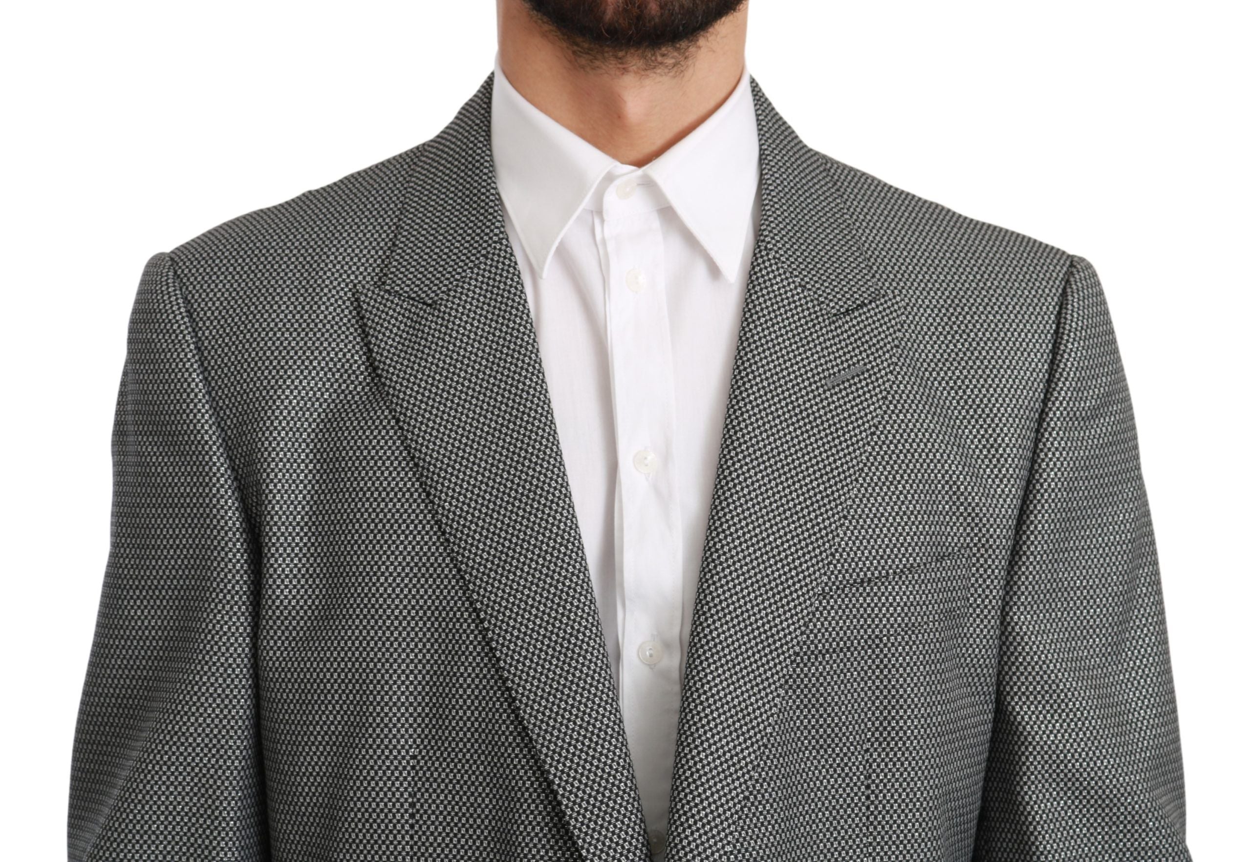 Gray slim fit formal blazer by Dolce & Gabbana, tailored blazer with notch lapels, front buttons, and sleek design.