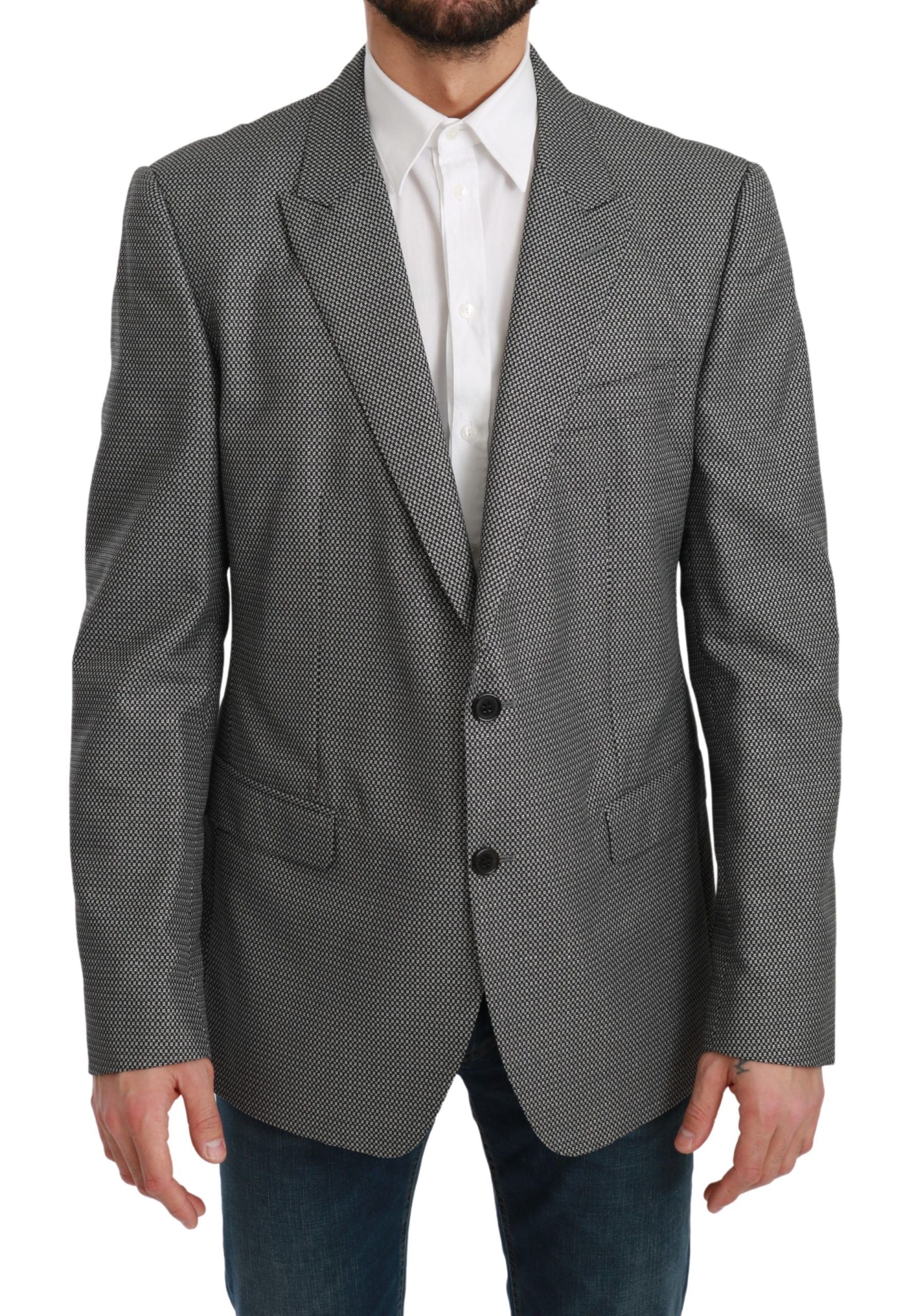 Gray slim fit formal blazer by Dolce & Gabbana, tailored with a sleek design and classic lapel for sophisticated style.