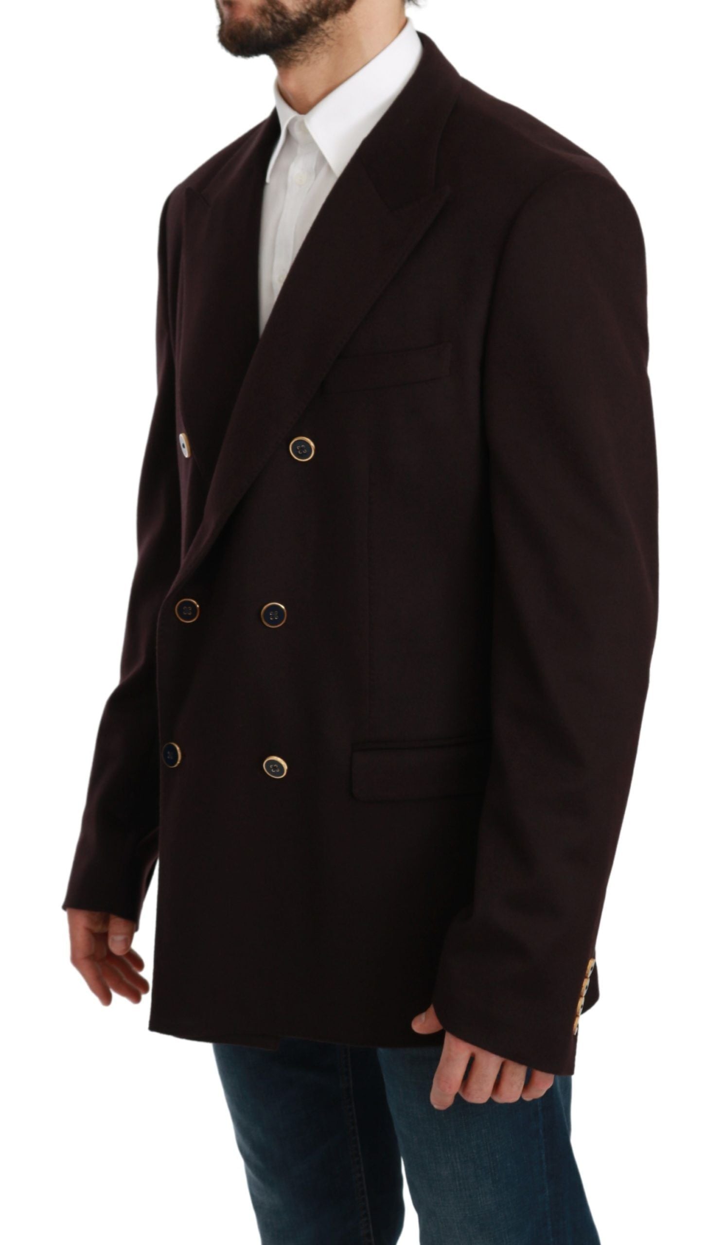 Elegant Bordeaux cashmere coat from Dolce & Gabbana's TAORMINA Blazer collection, shown in a close-up of the luxurious fabric.