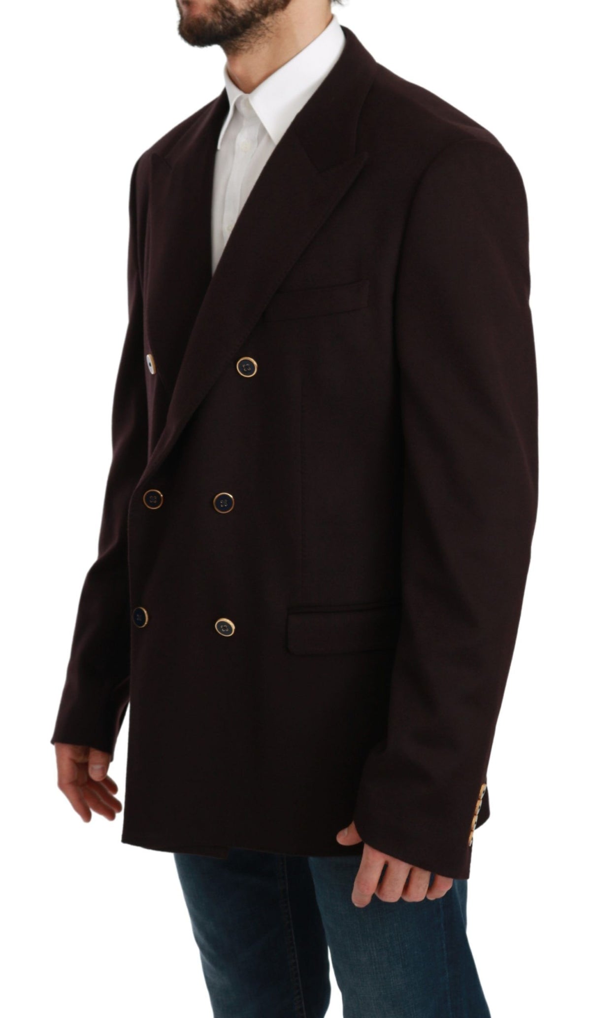 Elegant Bordeaux cashmere coat from Dolce & Gabbana's TAORMINA Blazer collection, shown in a close-up of the luxurious fabric.