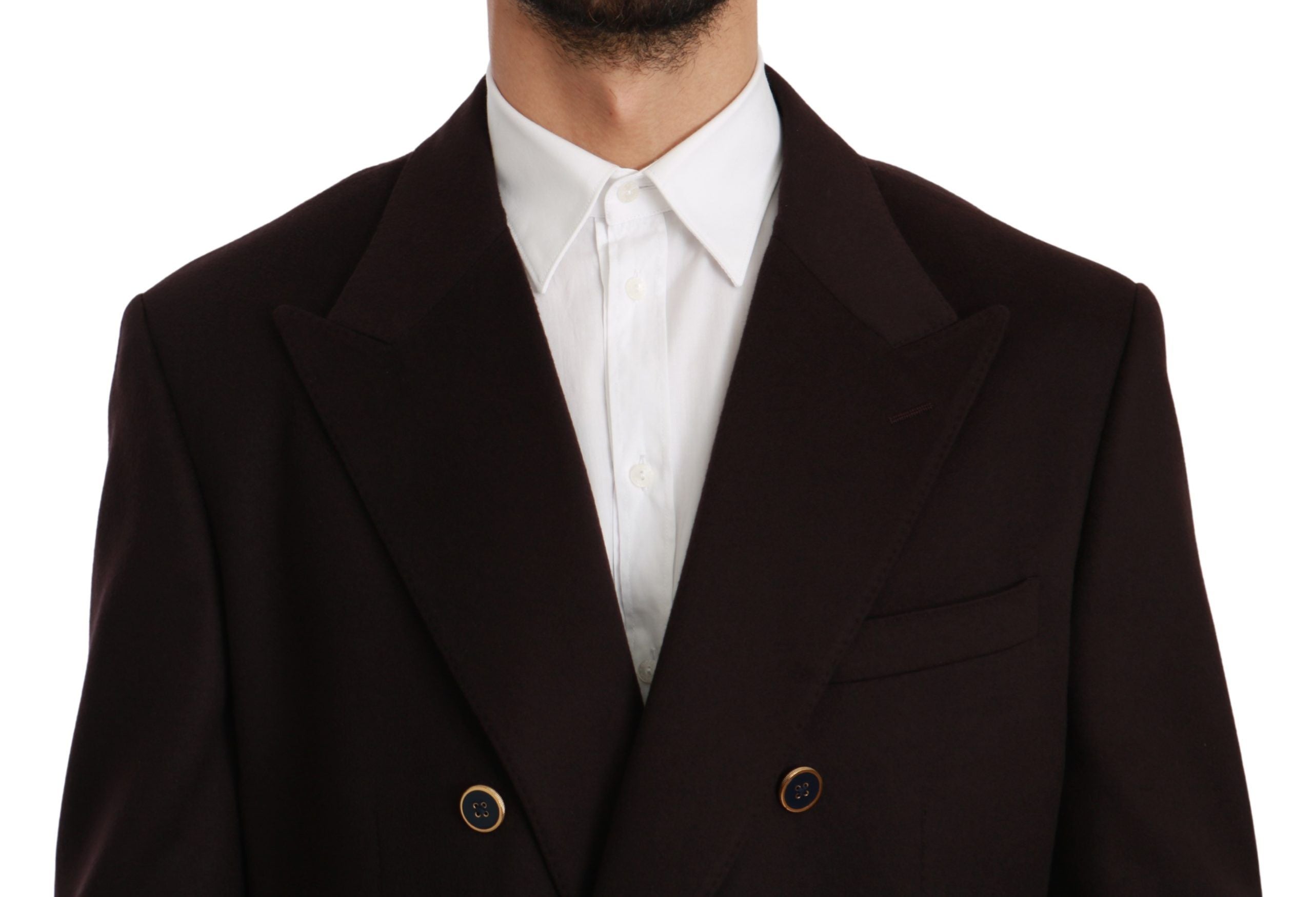Dolce & Gabbana Bordeaux cashmere coat with tailored blazer design, featuring a classic lapel collar and sleek fit.