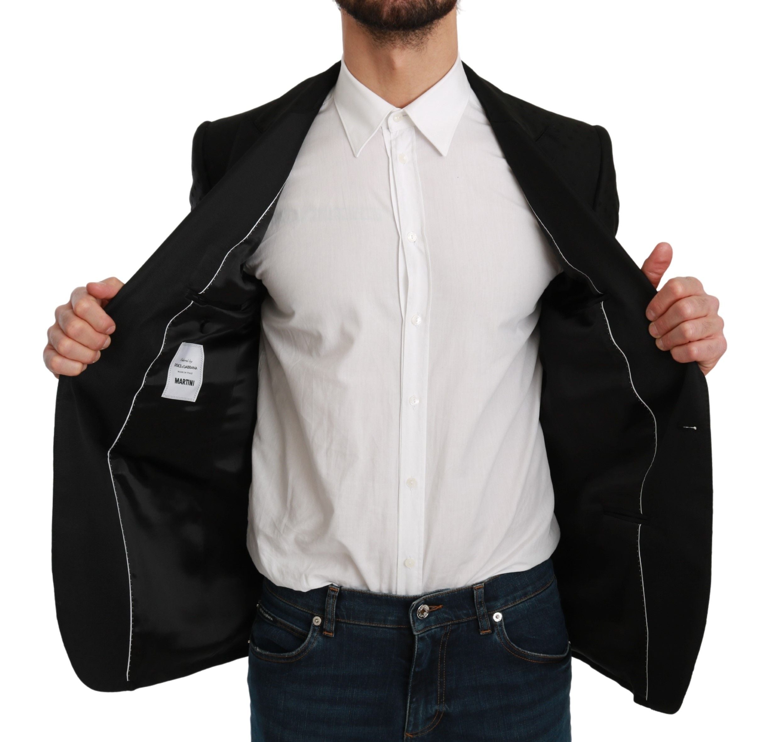 Black slim fit coat jacket by Dolce & Gabbana, featuring a tailored blazer style with sleek lapels and structured design.