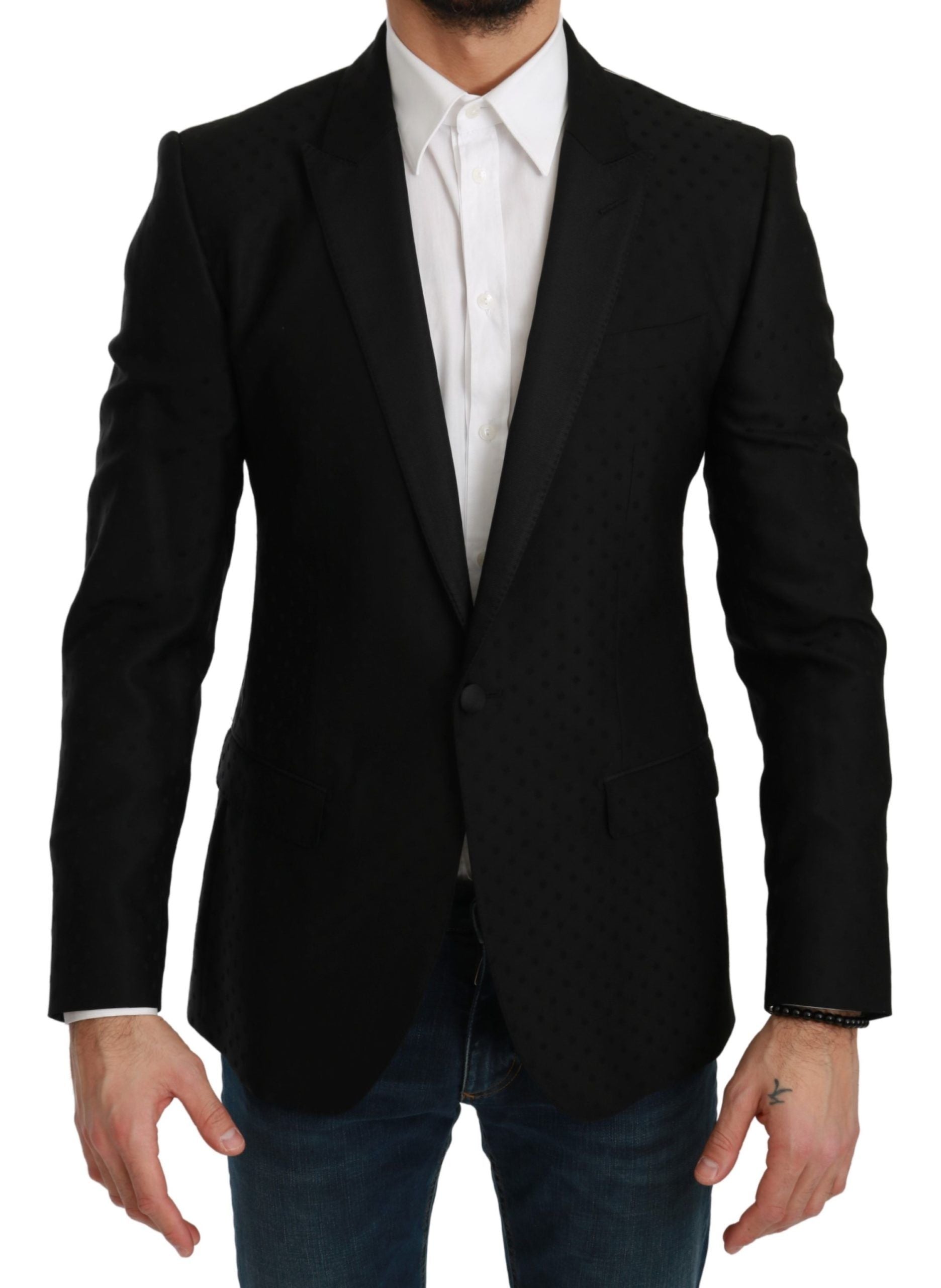 Black slim fit coat jacket by Dolce & Gabbana, featuring a tailored blazer design, shown on a model.