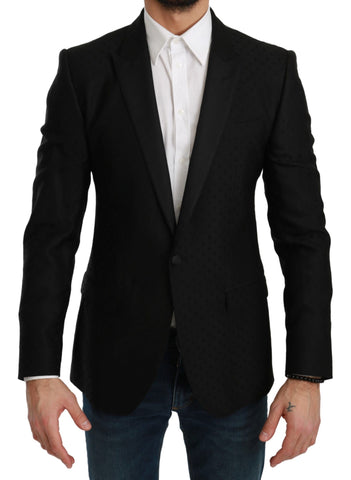 Black slim fit coat jacket by Dolce & Gabbana, featuring a tailored blazer design, shown on a model.