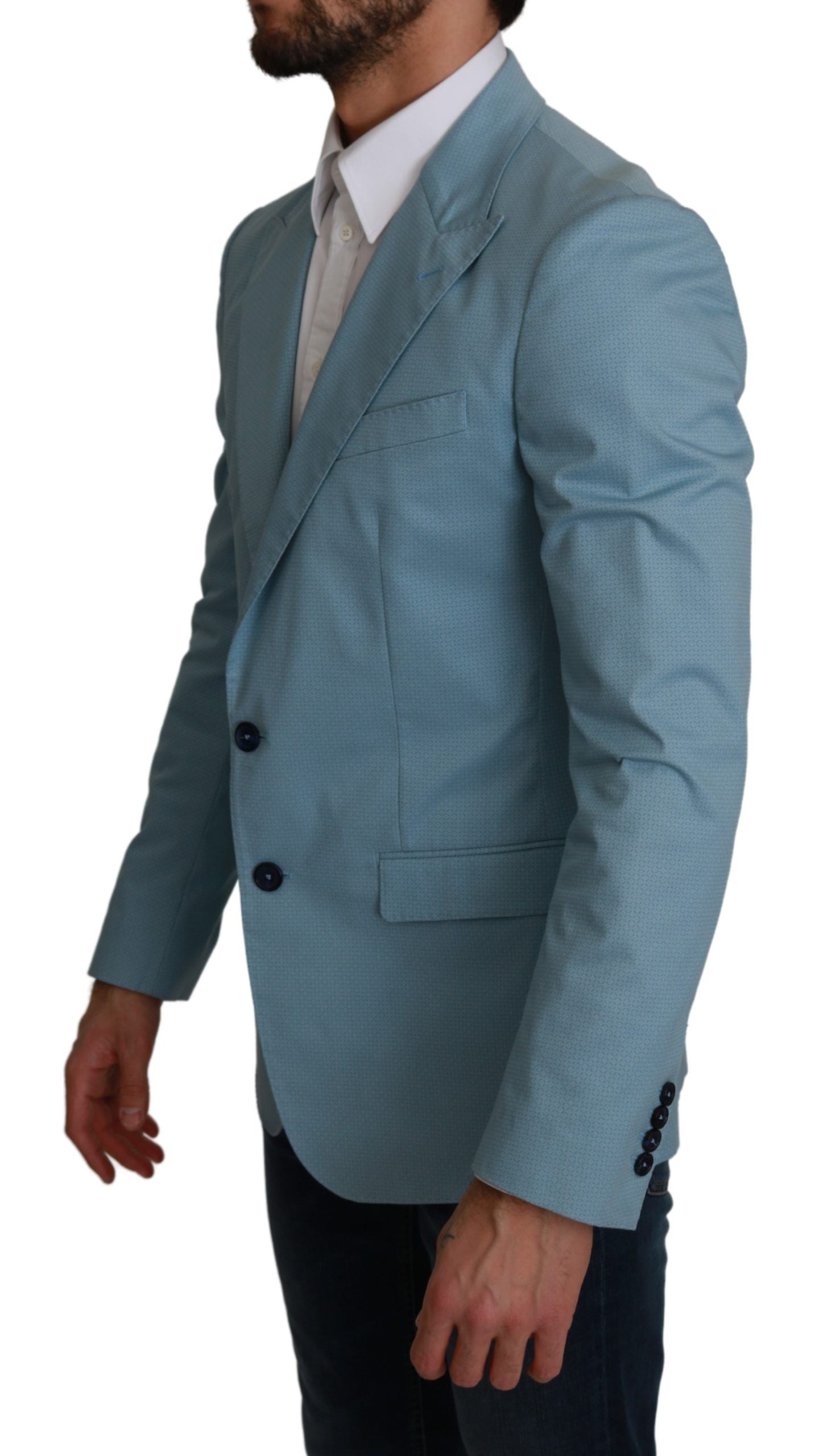 Blue Dolce & Gabbana slim fit coat jacket with tailored design and classic blazer style, detailed with sharp lapels.