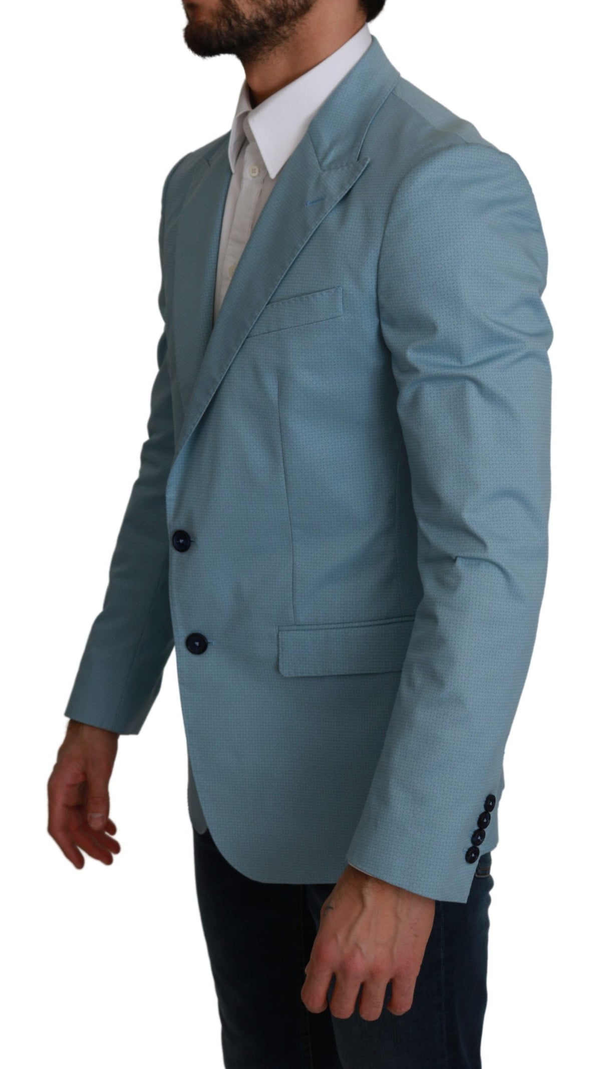 Blue Dolce & Gabbana slim fit coat jacket with tailored design and classic blazer style, detailed with sharp lapels.