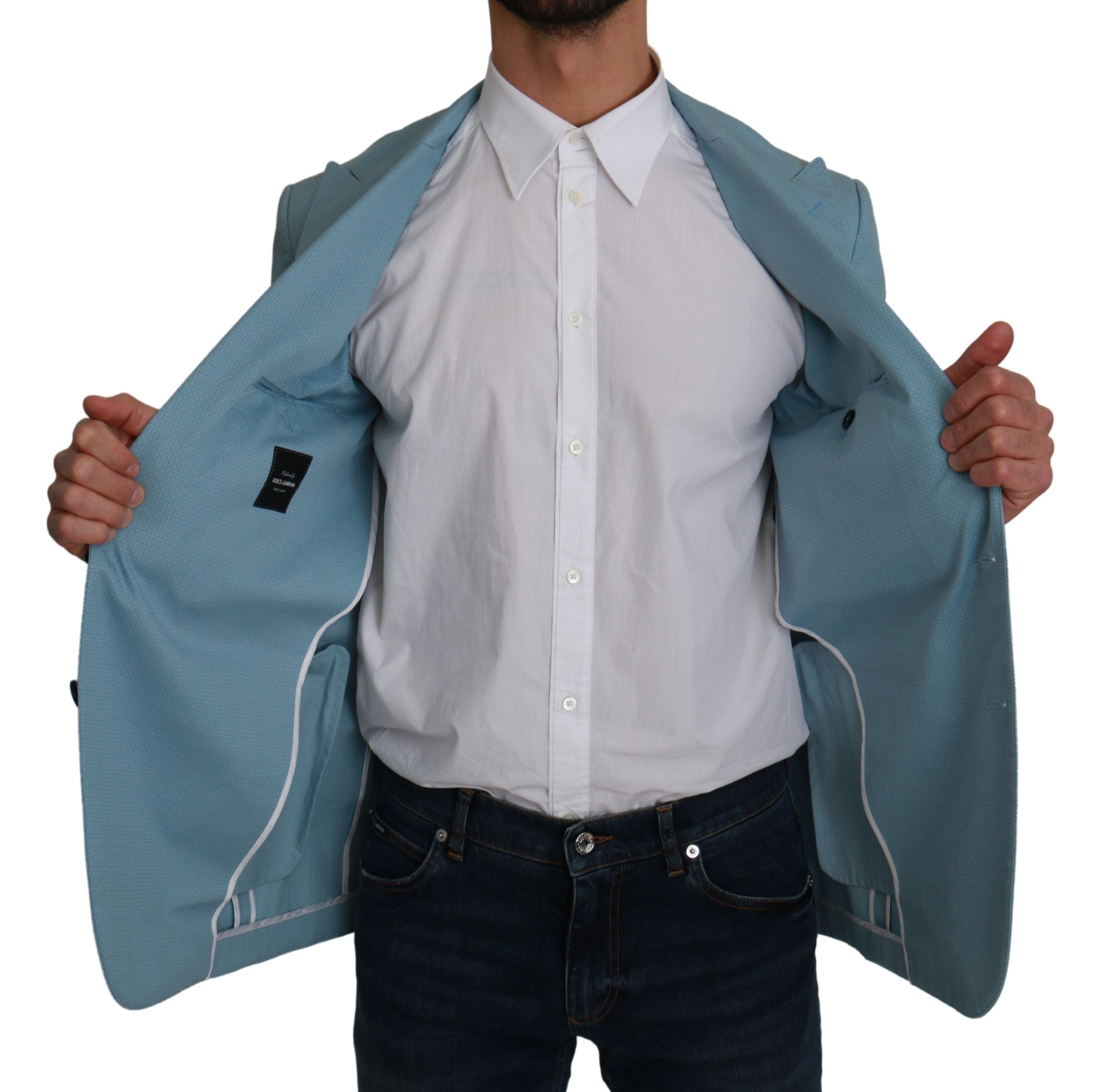 Blue slim fit coat jacket from Dolce & Gabbana's Martini blazer collection, featuring tailored design and classic lapel style.