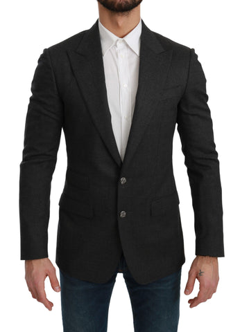 Gray Dolce & Gabbana Napoli slim fit wool blazer jacket displayed on a hanger with detailed stitching and classic lapel.
