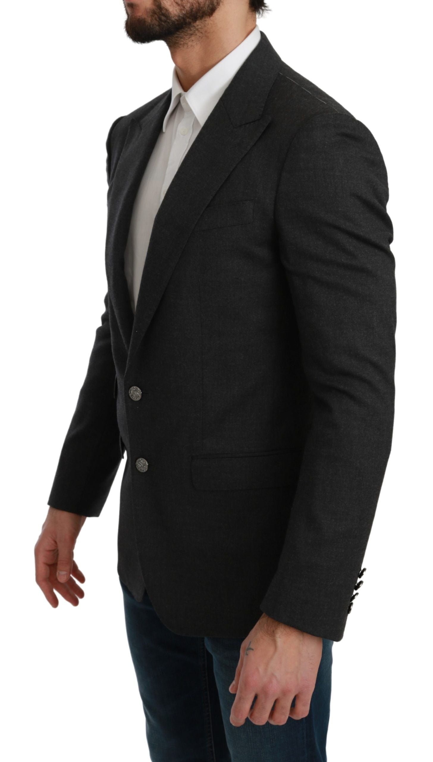 Gray Dolce & Gabbana Napoli slim fit wool blazer jacket with tailored lapels and modern design, shown on a mannequin.