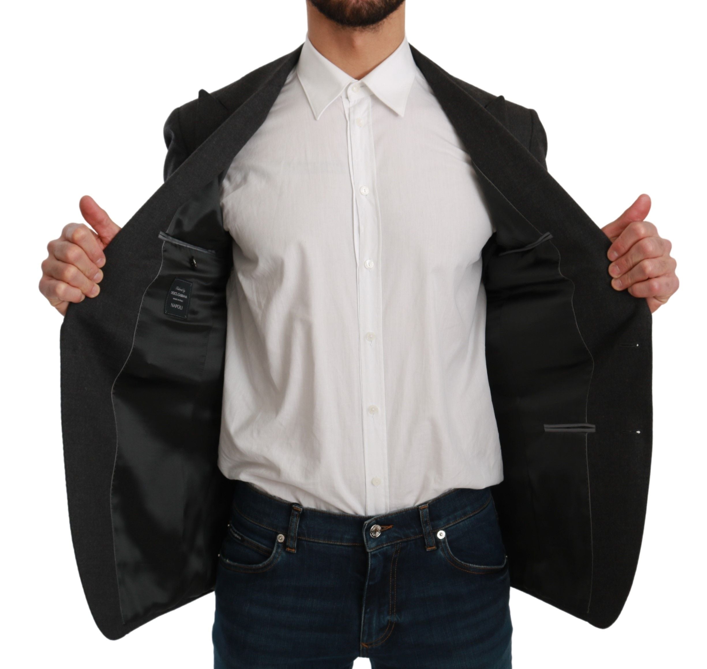 Gray Dolce & Gabbana Napoli slim fit wool blazer jacket, tailored men's blazer with notch lapel and structured design.